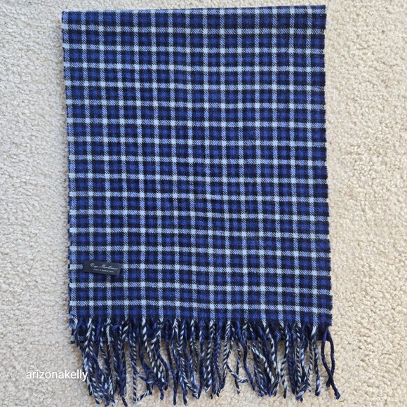 Enzo Mantovani Cashmere Scarf Blue Black Plaid Checks - Picture 8 of 10